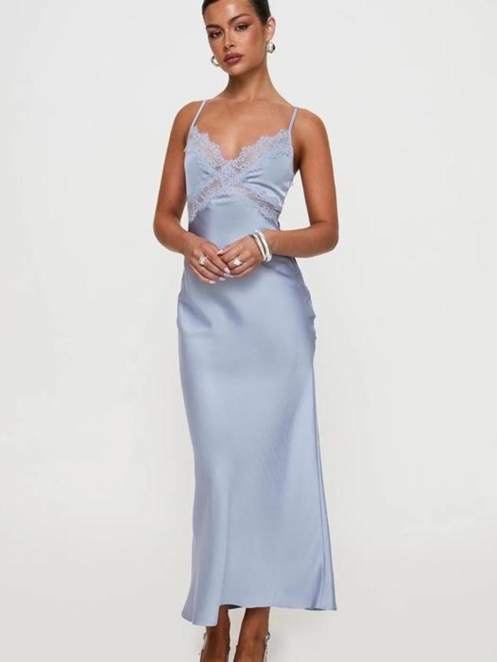 Princess Polly Light Blue Satin Lace-Trim Maxi Slip Dress
